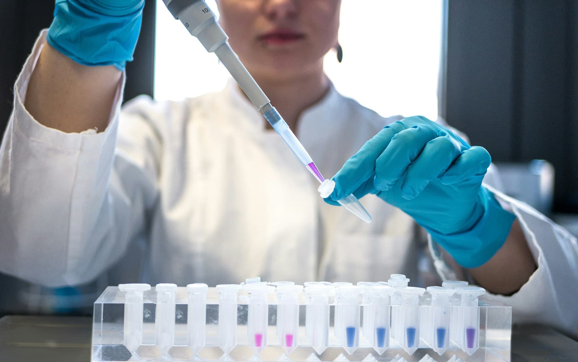 Analista de laboratório pipetando amostras em tubos